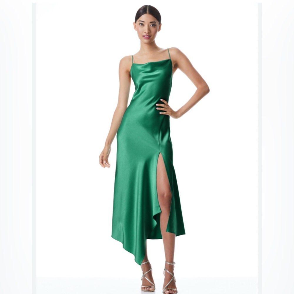 Alice + Olivia Green Satin Asymmetric Slip Midi Dress